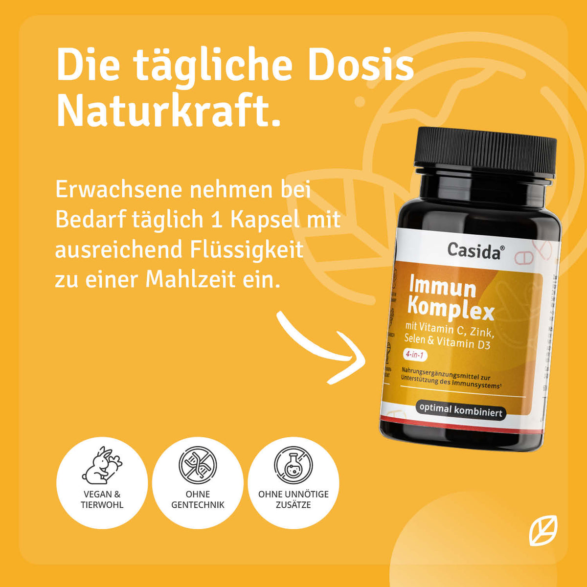 Casida Immun Komplex bottle with orange label, containing vitamin C, zinc, selenium, and vitamin D3 on a yellow background.