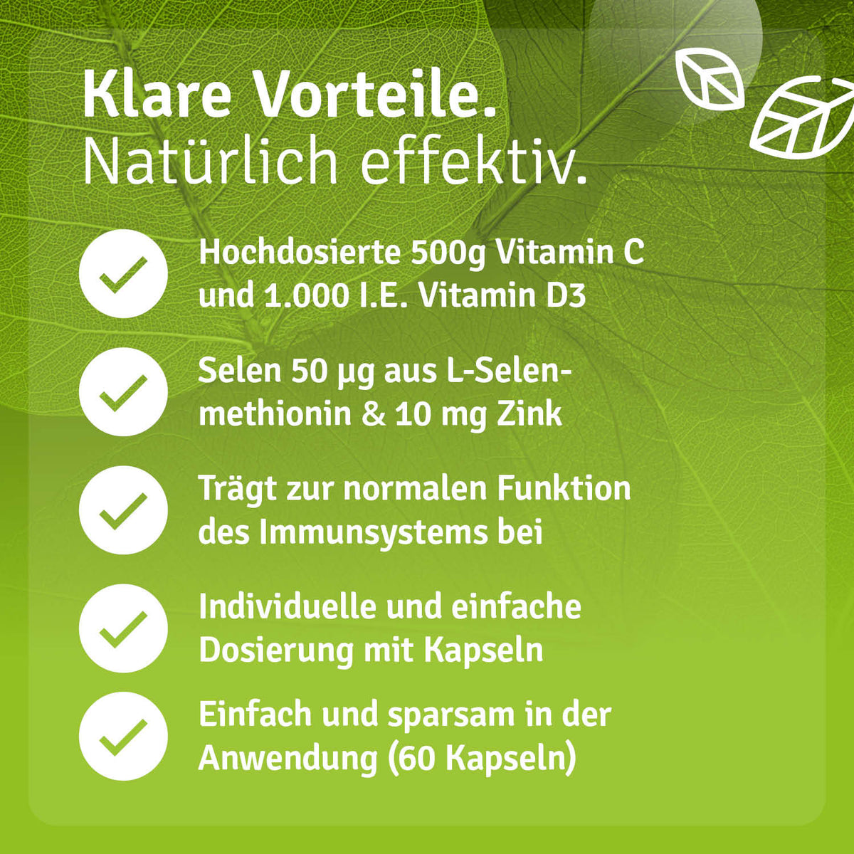Abwehr & Immun Set featuring 500 mg vitamin C, 50 µg selenium, and 10 mg zinc in a green background with checkmarks.