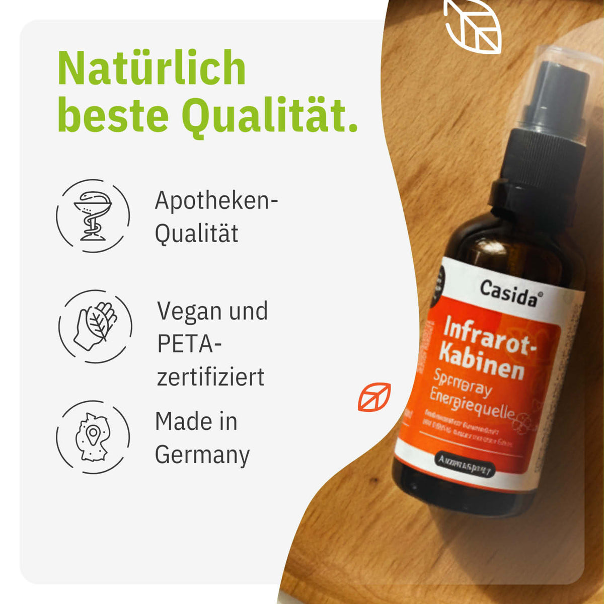 Casida Infrarotkabinen Spray "Energiequelle" in a brown bottle with orange label, featuring vegan and PETA certification i...