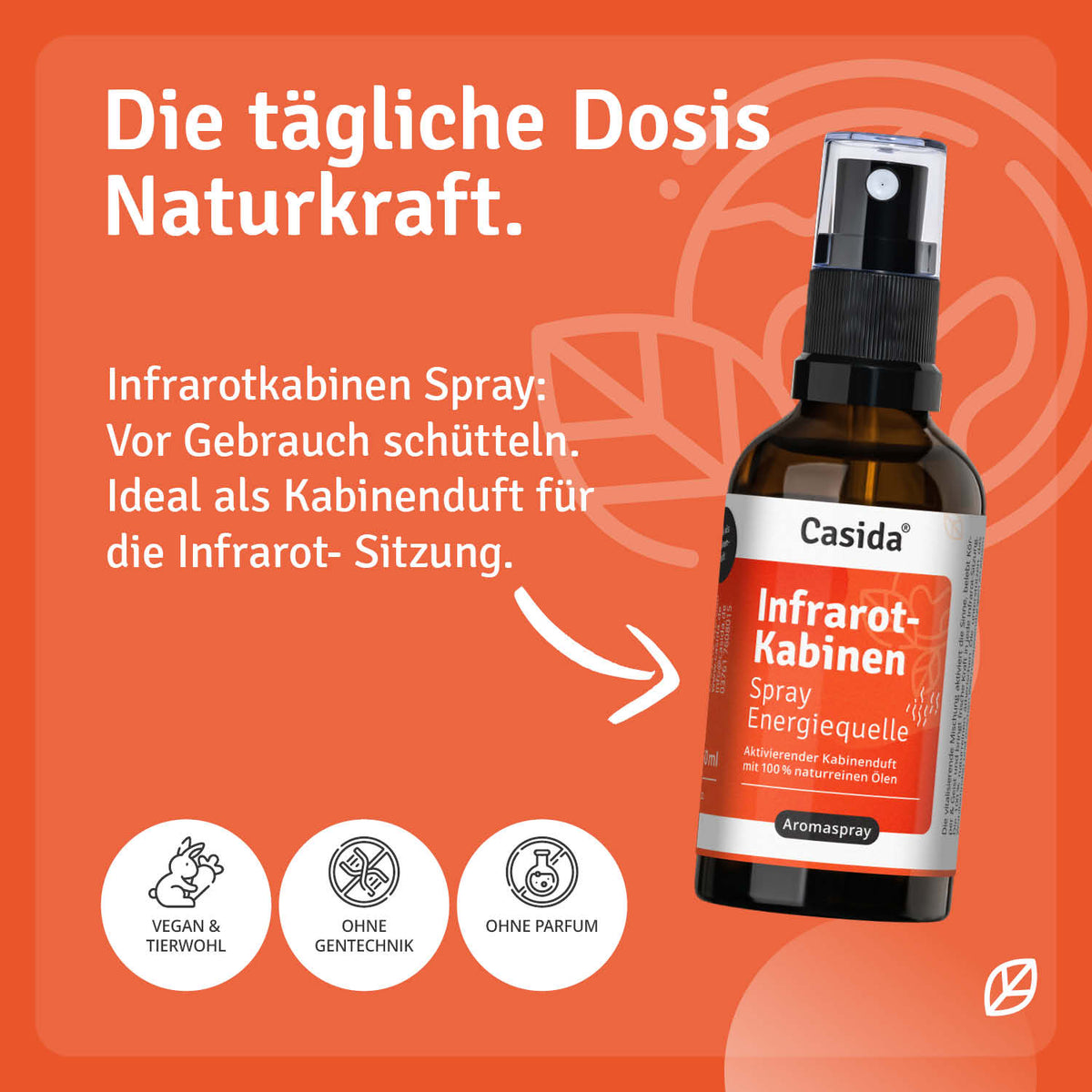 Casida Infrarotkabinen Spray "Energiequelle" in a brown bottle with a black spray nozzle and orange background.