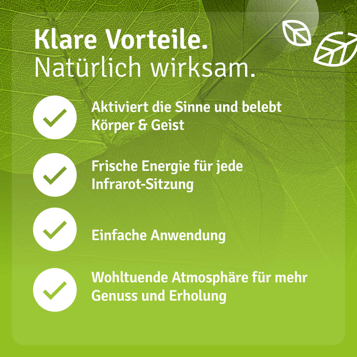 Infrarotkabinen Spray „Energiequelle“ with green background and leaf graphics, highlighting benefits for body and mind.