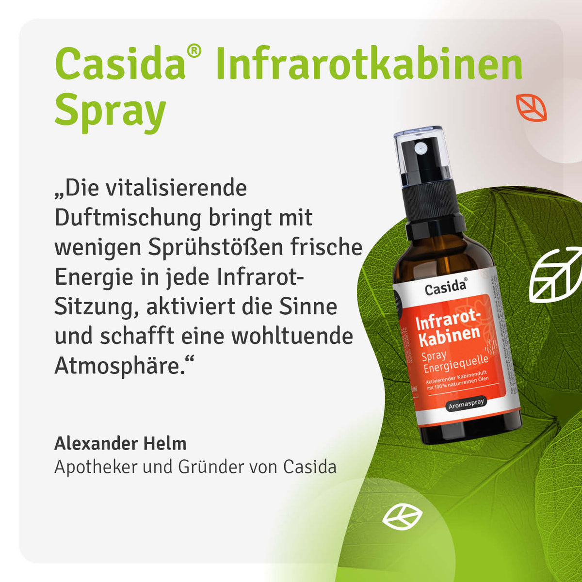 Casida Infrarotkabinen Spray in a brown bottle with a spray nozzle, featuring green leaf accents and text description.