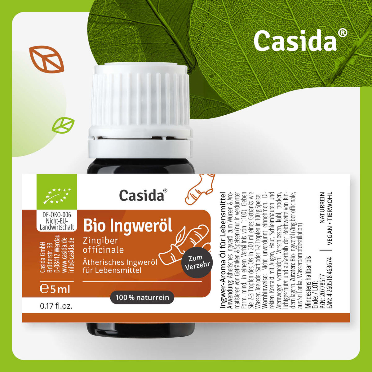 Etikett von Casida Bio Ingweröl, 5 ml, mit Bio-Kennzeichnung und Anwendungshinweisen