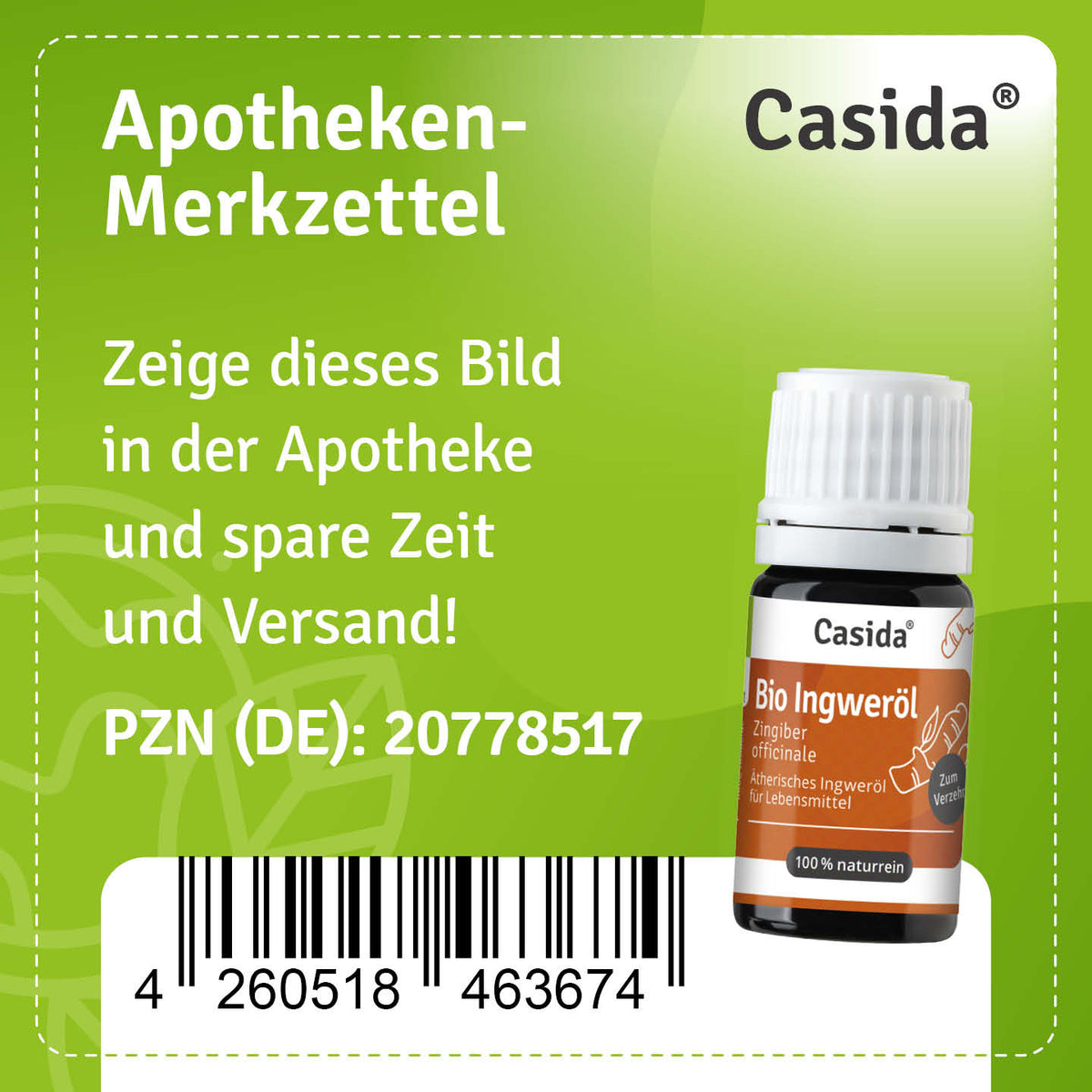 Apotheken-Merkzettel mit Casida Bio Ingweröl und Barcode