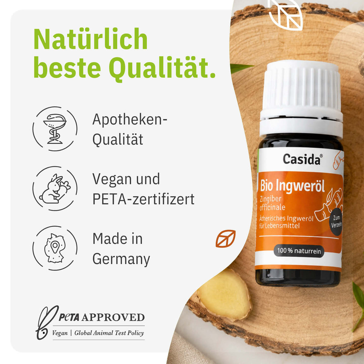 Casida Bio Ingweröl mit Angaben zu veganer Rezeptur und Herstellung in Deutschland