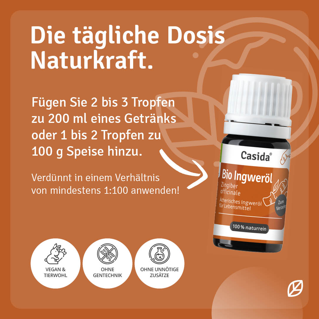 Dosierungs- und Verdünnungshinweise für Casida Bio Ingweröl in Speisen und Getränken