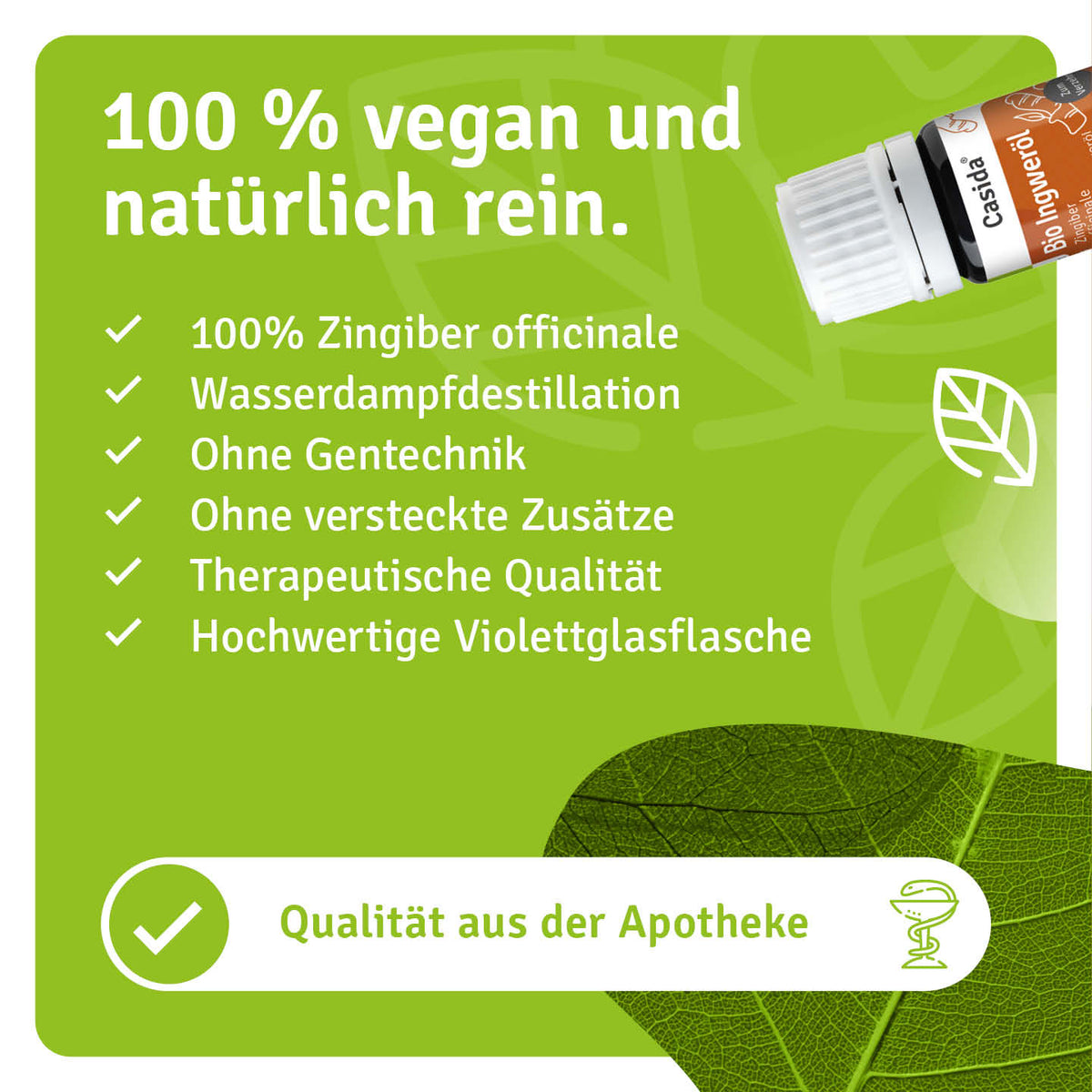 Casida Bio Ingweröl mit Angaben zu Zingiber officinale, Wasserdampfdestillation und Verpackung