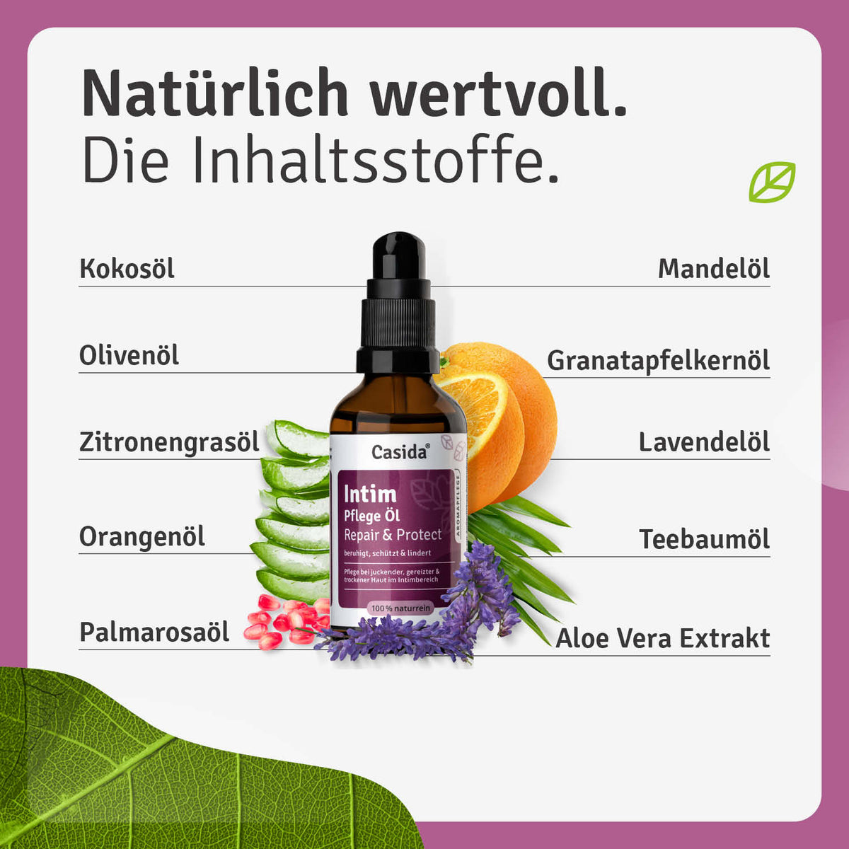 Intimpflege Öl Repair & Protect in a brown glass bottle with a dropper, surrounded by listed natural ingredients.