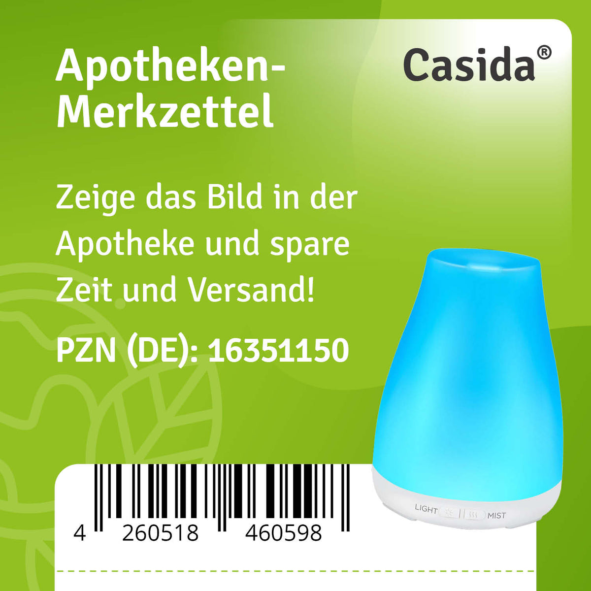 Apotheken-Merkzettel für den kompakten Casida Aromadiffuser mit LED, PZN 16351150