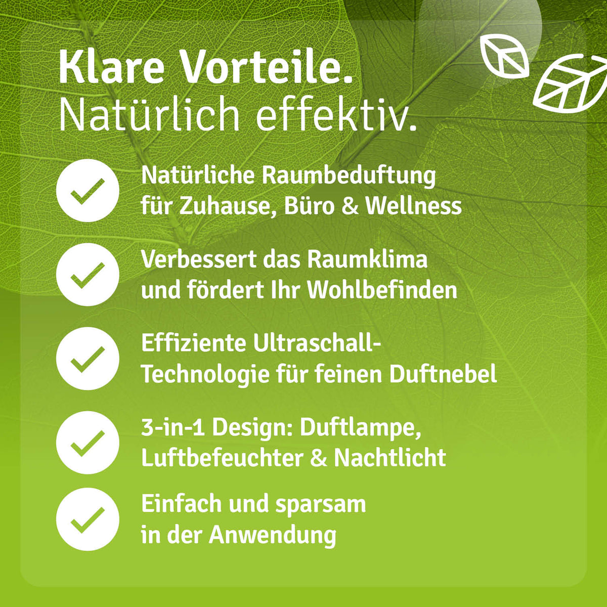 Übersicht der Funktionen des Casida Aromadiffusers: Duftlampe, Luftbefeuchter und Nachtlicht