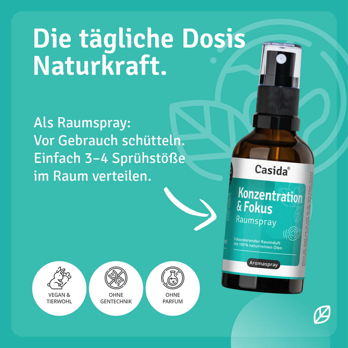 Anwendungshinweise für Casida Konzentration & Fokus Raumspray zum Versprühen im Raum