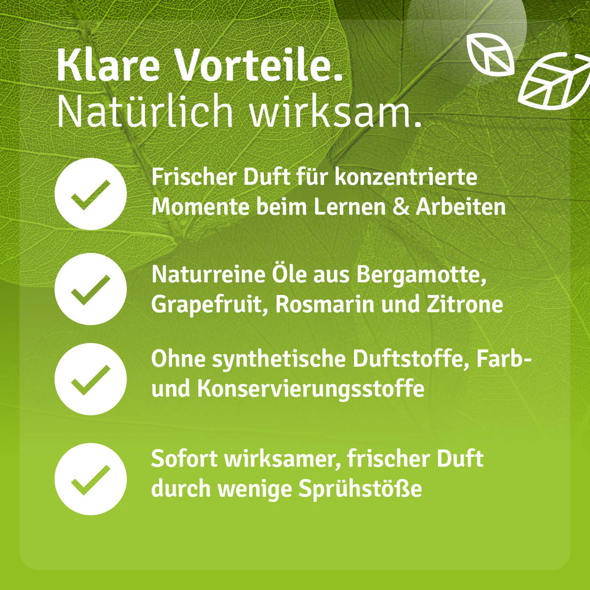 Infografik zu Casida Konzentration & Fokus Raumspray mit Bergamotte, Grapefruit, Rosmarin und Zitrone