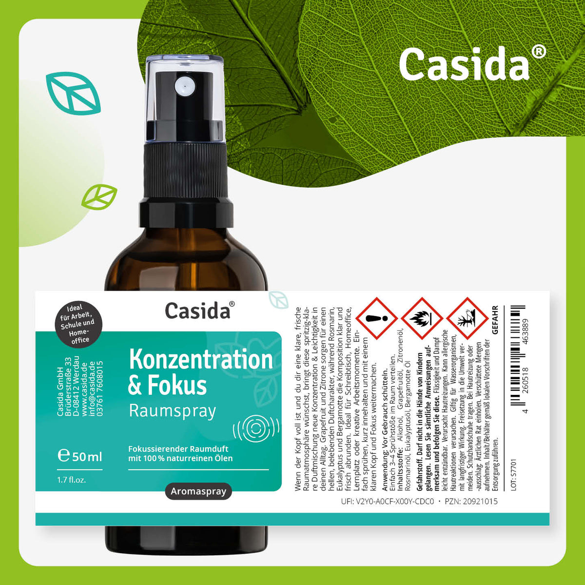 Etikett von Casida Konzentration & Fokus Raumspray, 50 ml, mit Anwendung und Gefahrenpiktogrammen