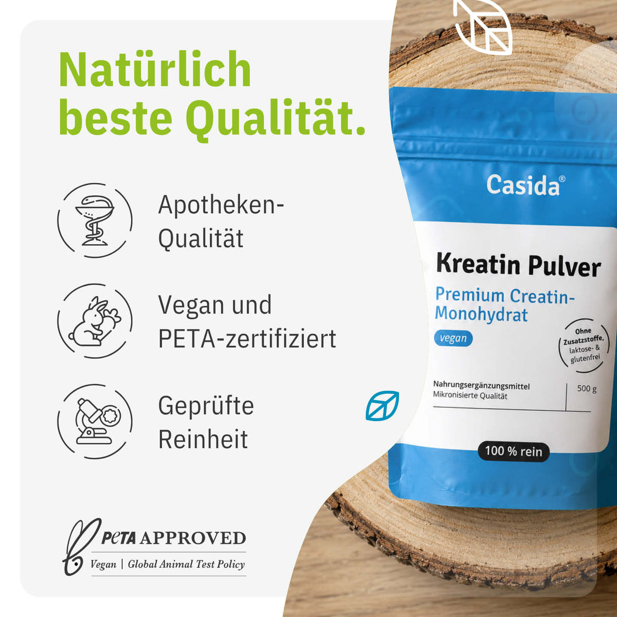 Casida Kreatin Pulver mit Angaben zu veganer Rezeptur und Herstellung in Deutschland