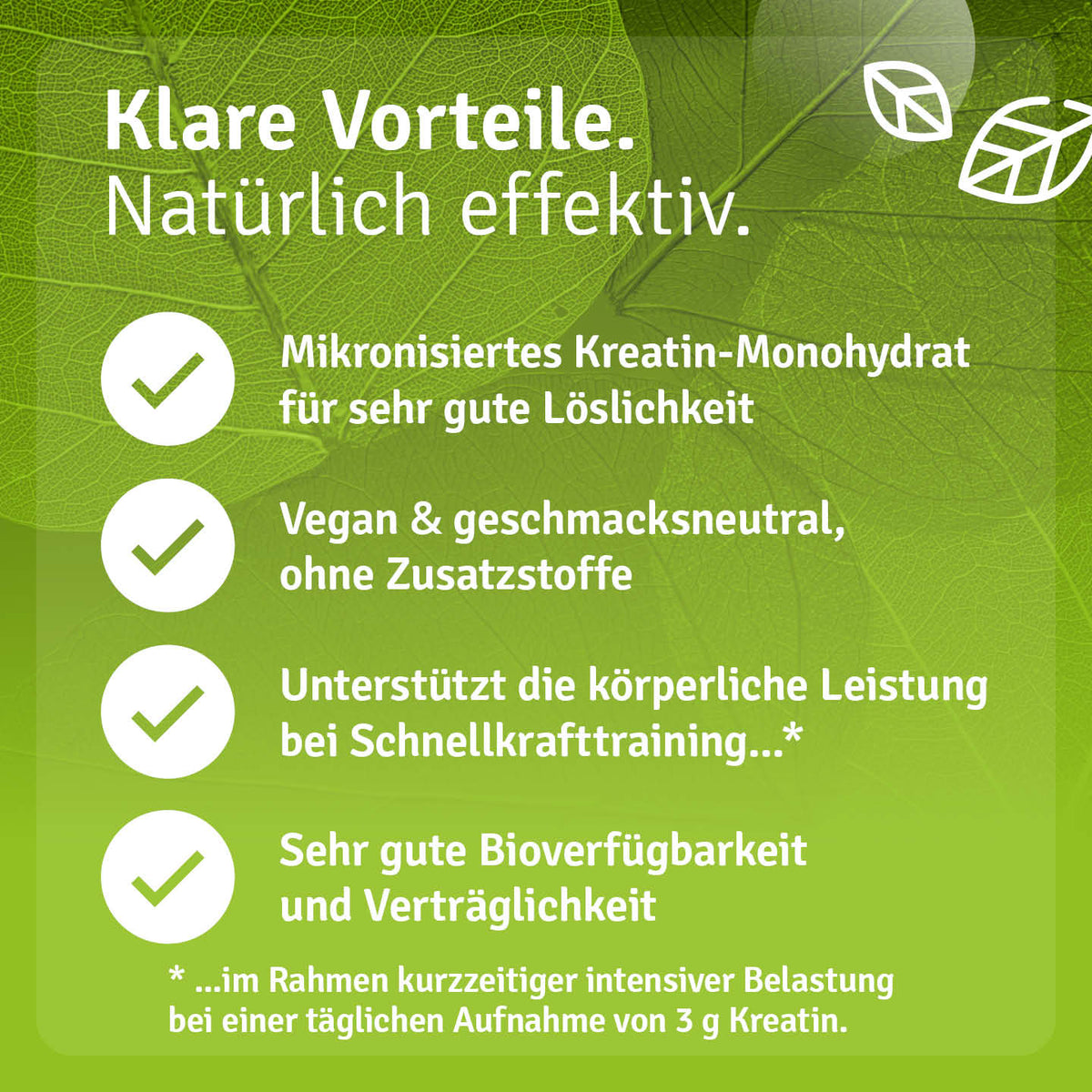 Infografik zu Casida Kreatin Pulver mit Angaben zu mikronisiertem Creatin-Monohydrat