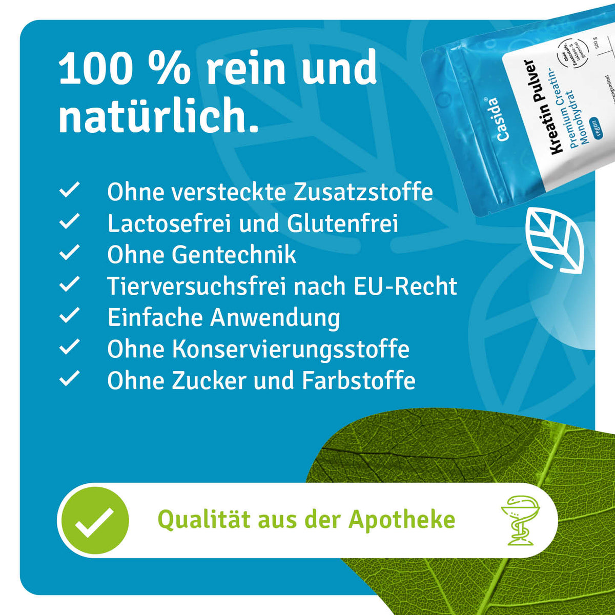 Casida Kreatin Pulver mit Angaben zur Zusammensetzung ohne Zucker, Farb- und Konservierungsstoffe