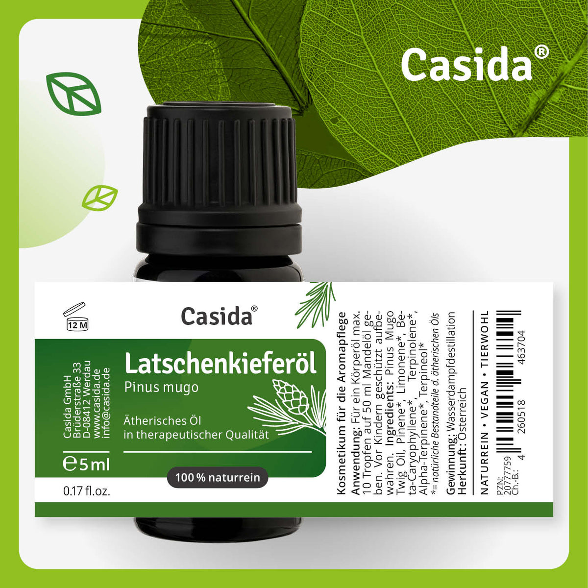 Etikett von Casida Latschenkieferöl, 5 ml, mit Inhaltsstoffen und Anwendungshinweisen