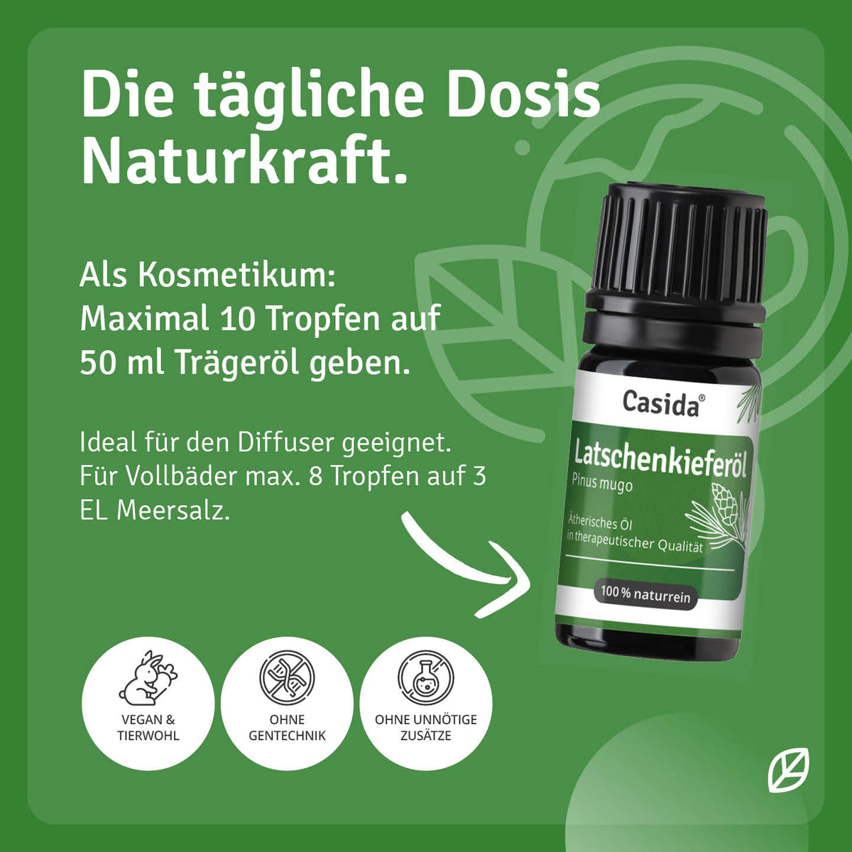 Anwendungs- und Verdünnungshinweise für Casida Latschenkieferöl als Kosmetikum und Badezusatz
