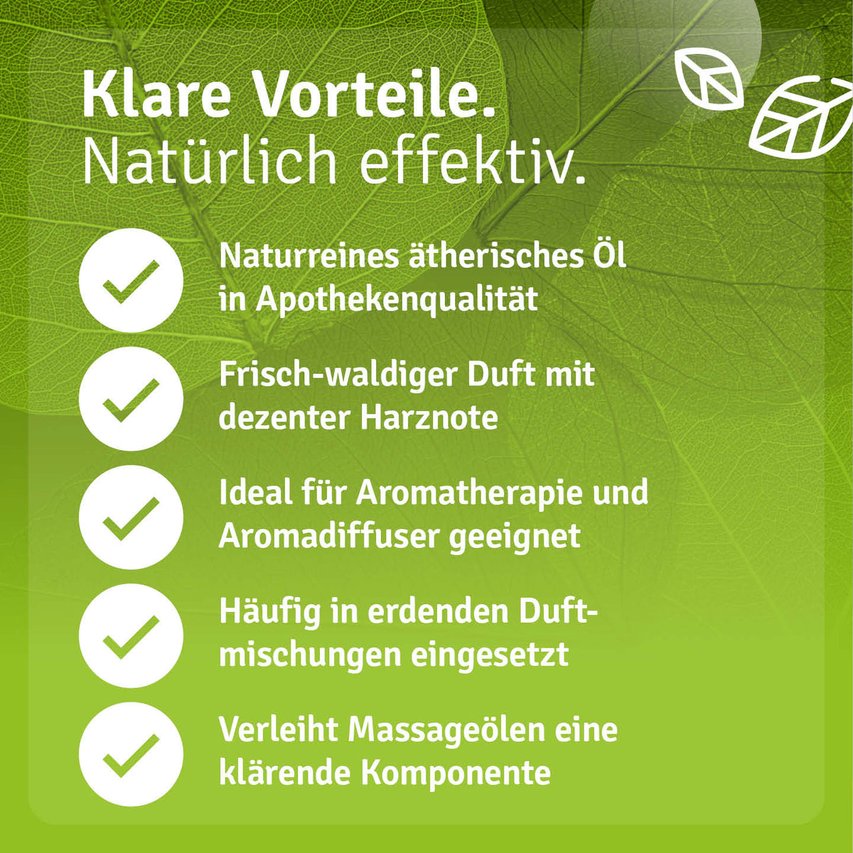 Infografik zu Duft und Einsatzgebieten von Casida Latschenkieferöl