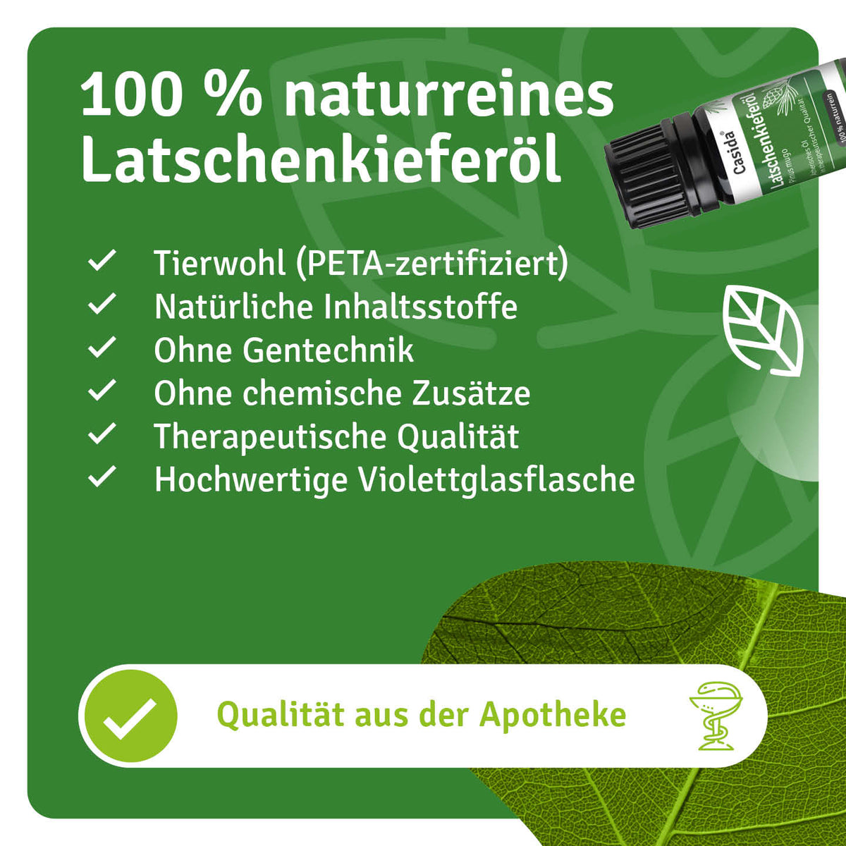 Casida Latschenkieferöl mit Angaben zu Inhaltsstoffen, PETA-Zertifizierung und Violettglasflasche