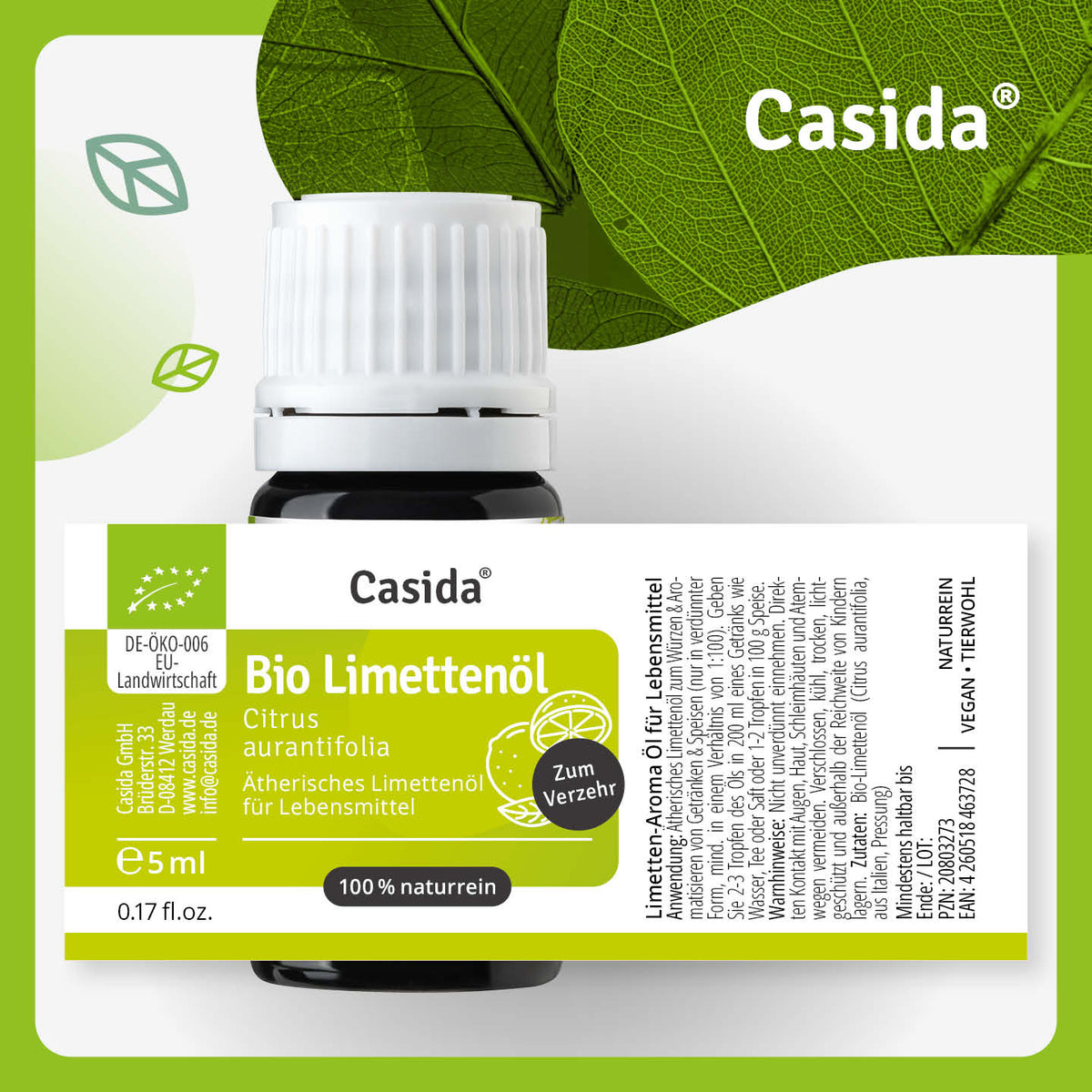 Etikett von Casida Bio Limettenöl, 5 ml, mit Bio-Kennzeichnung und Anwendungshinweisen