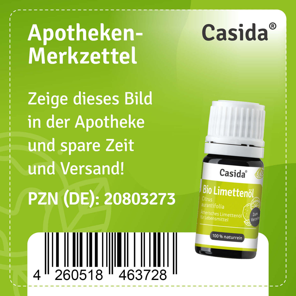 Apotheken-Merkzettel für Casida Bio Limettenöl, PZN 20803273