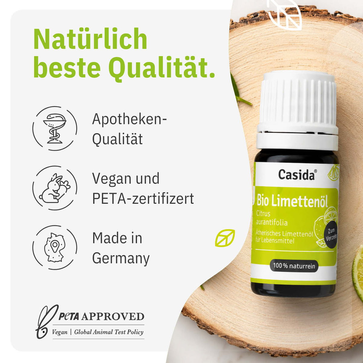 Casida Bio Limettenöl mit Angaben zu veganer Rezeptur und Herstellung in Deutschland