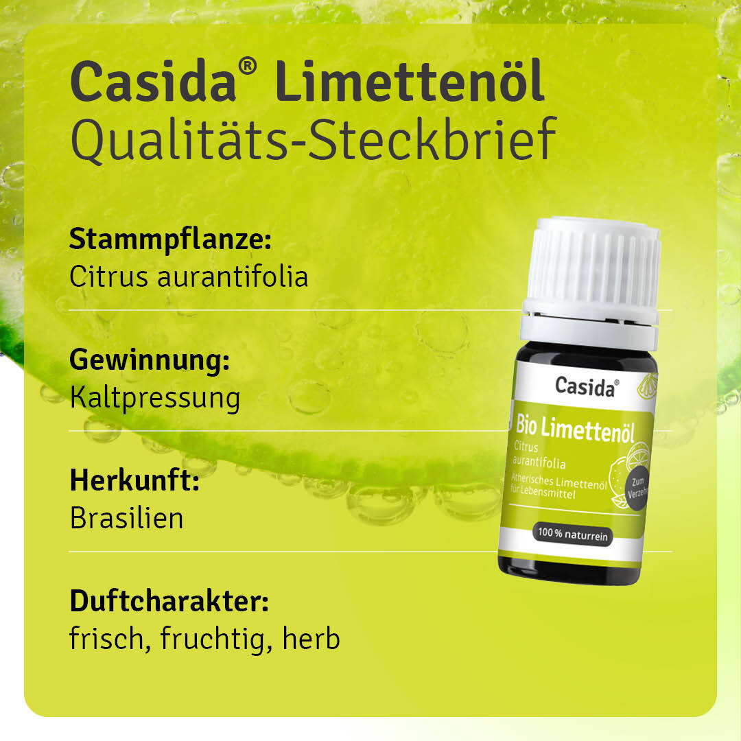 Casida Bio Limettenöl neben einem Steckbrief zu Stammpflanze, Kaltpressung, Herkunft und Duft