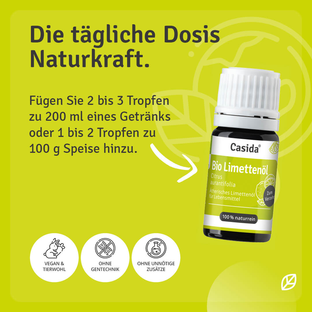 Dosierungs- und Verdünnungshinweise für Casida Bio Limettenöl in Speisen und Getränken