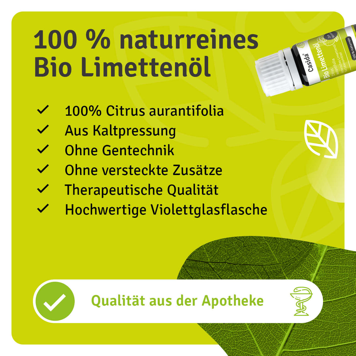 Casida Bio Limettenöl mit Angaben zu Citrus aurantiifolia, Kaltpressung und Violettglasflasche