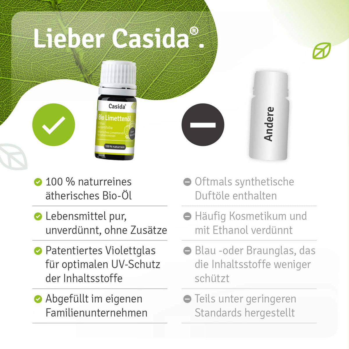 Vergleichsgrafik zu Casida Bio Limettenöl mit Angaben zu Reinheit, Lebensmittelverwendung und Verpackung