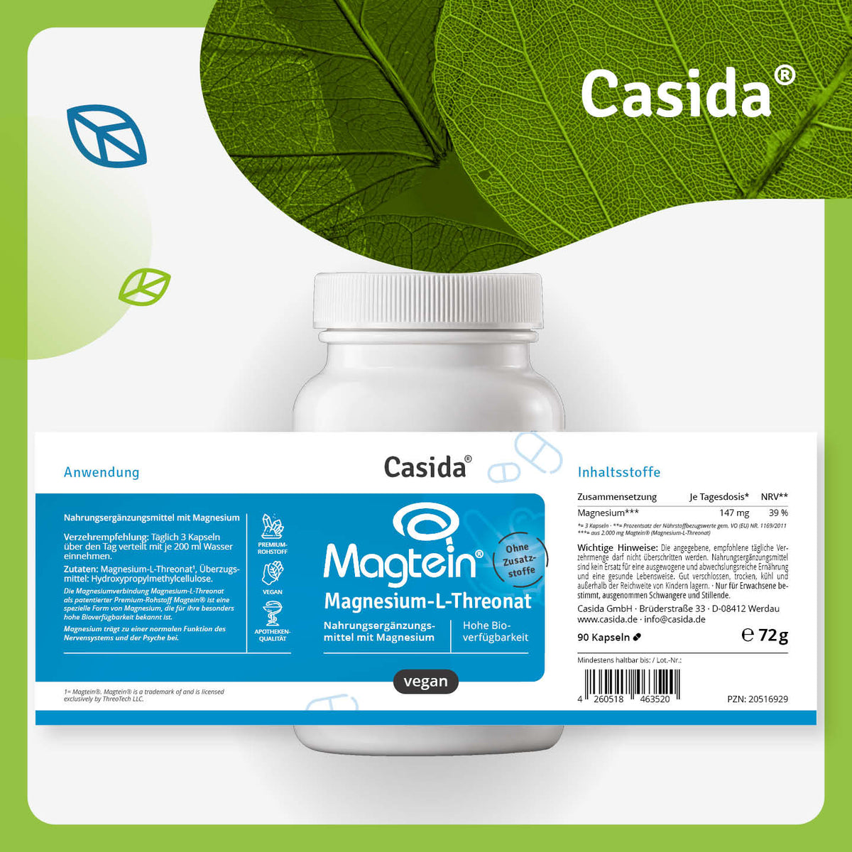 Etikett von Casida Magtein Magnesium-L-Threonat mit Inhaltsstoffen und Einnahmehinweisen