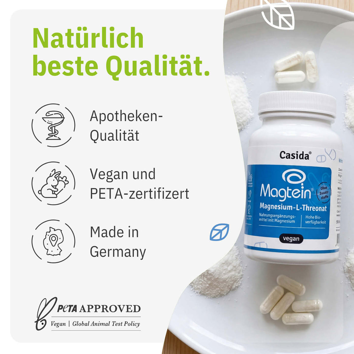 Casida Magtein Magnesium-L-Threonat mit Angaben zu veganer Rezeptur und Herstellung in Deutschland
