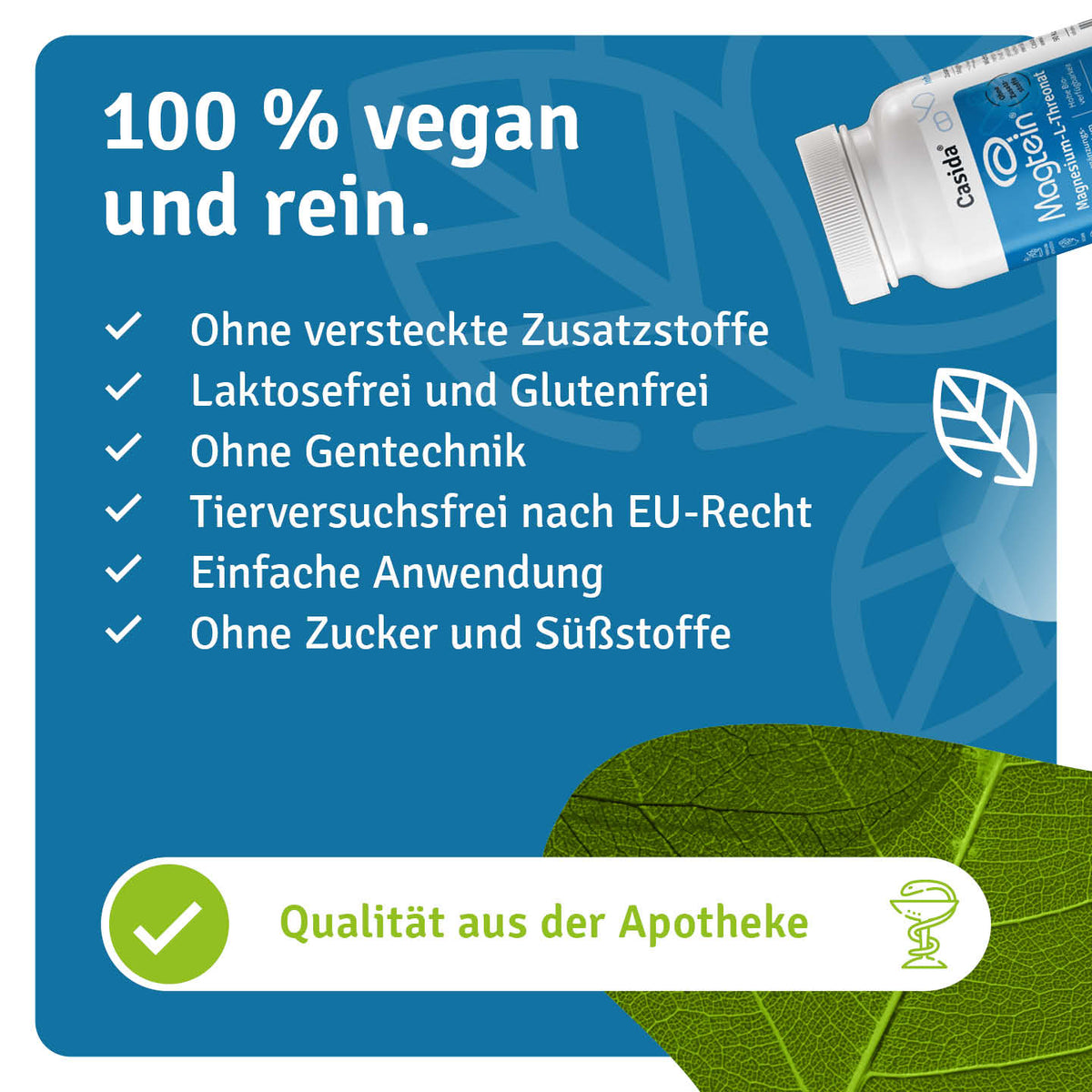 Infografik zu Casida Magtein Magnesium-L-Threonat mit Angaben zur veganen Rezeptur