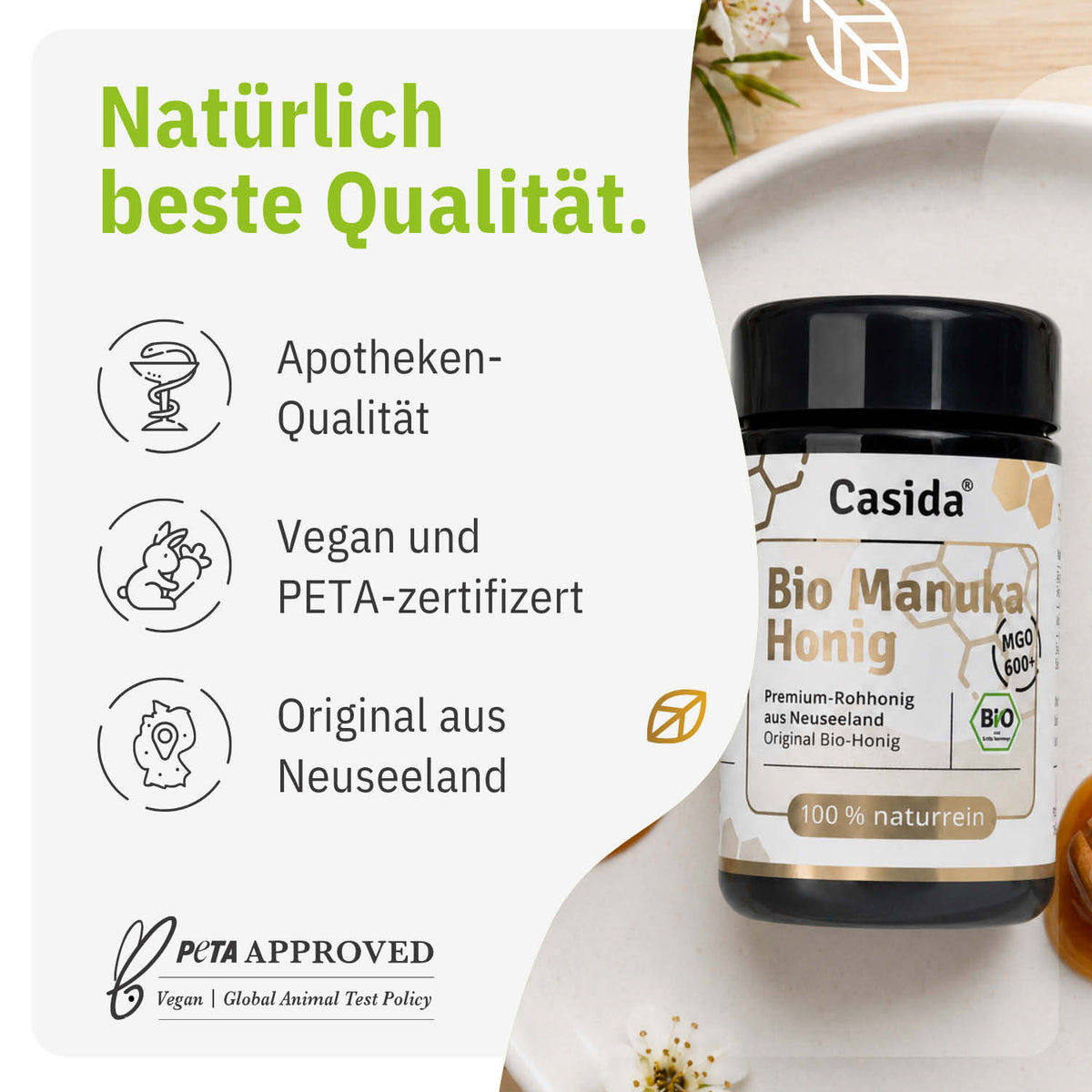 Bio Manuka honey MGO 600+ in a black jar with a label detailing quality and certifications, set against a light background.