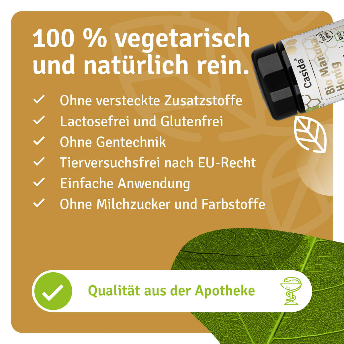 Bio Manuka honey MGO 600+, cream jar with a black lid, featuring a green leaf background and product details in German.