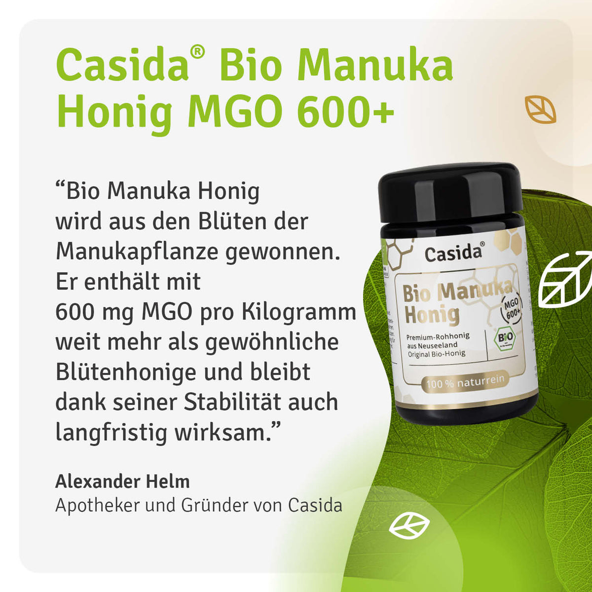 Bio Manuka honey MGO 600+ in a black jar with a green label, featuring text and a leaf design on a white background.