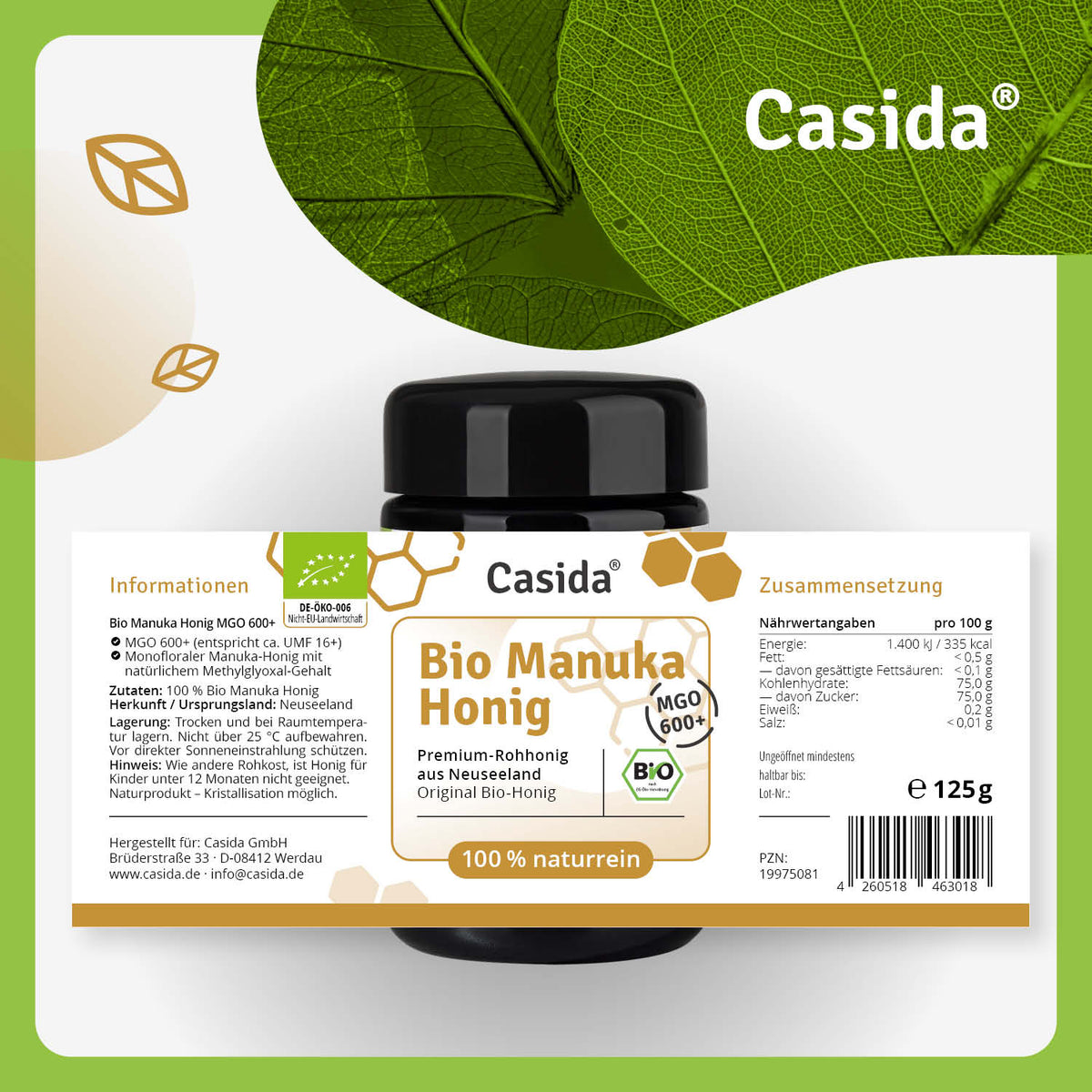 Bio Manuka honig MGO 600+, 125g jar with black lid and green label featuring product details and nutritional information.