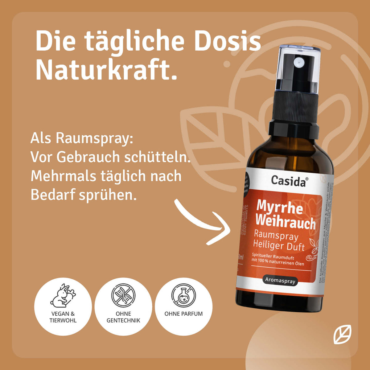 Myrrhe Weihrauch room spray bottle with a dark label and pump top, set against a light brown background.