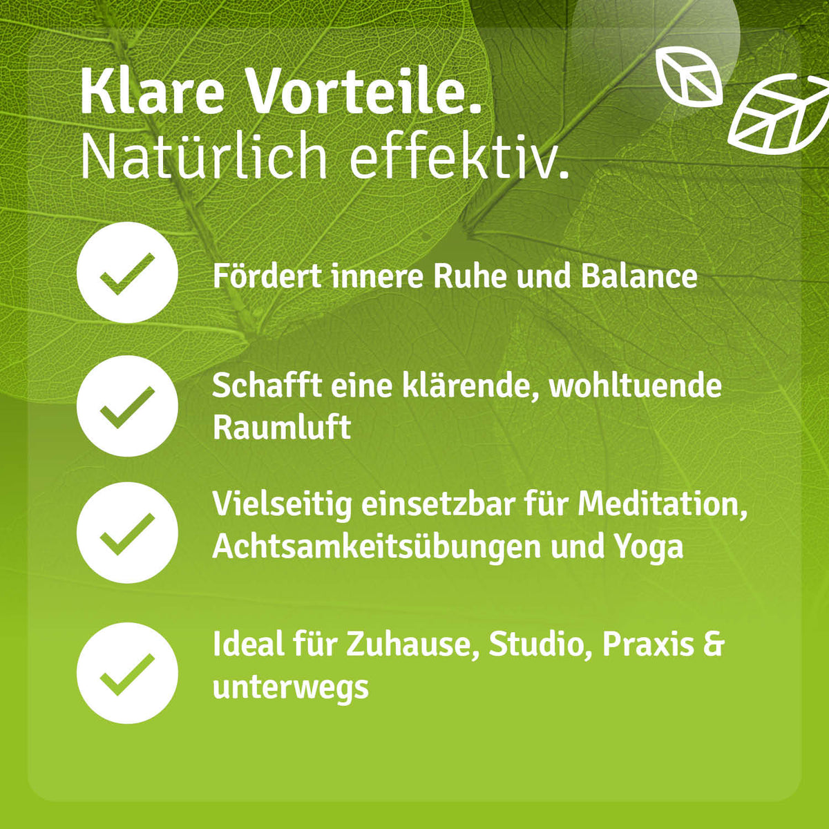 Myrrhe Weihrauch raumspray bottle with green background, featuring text about benefits and uses for meditation and yoga.