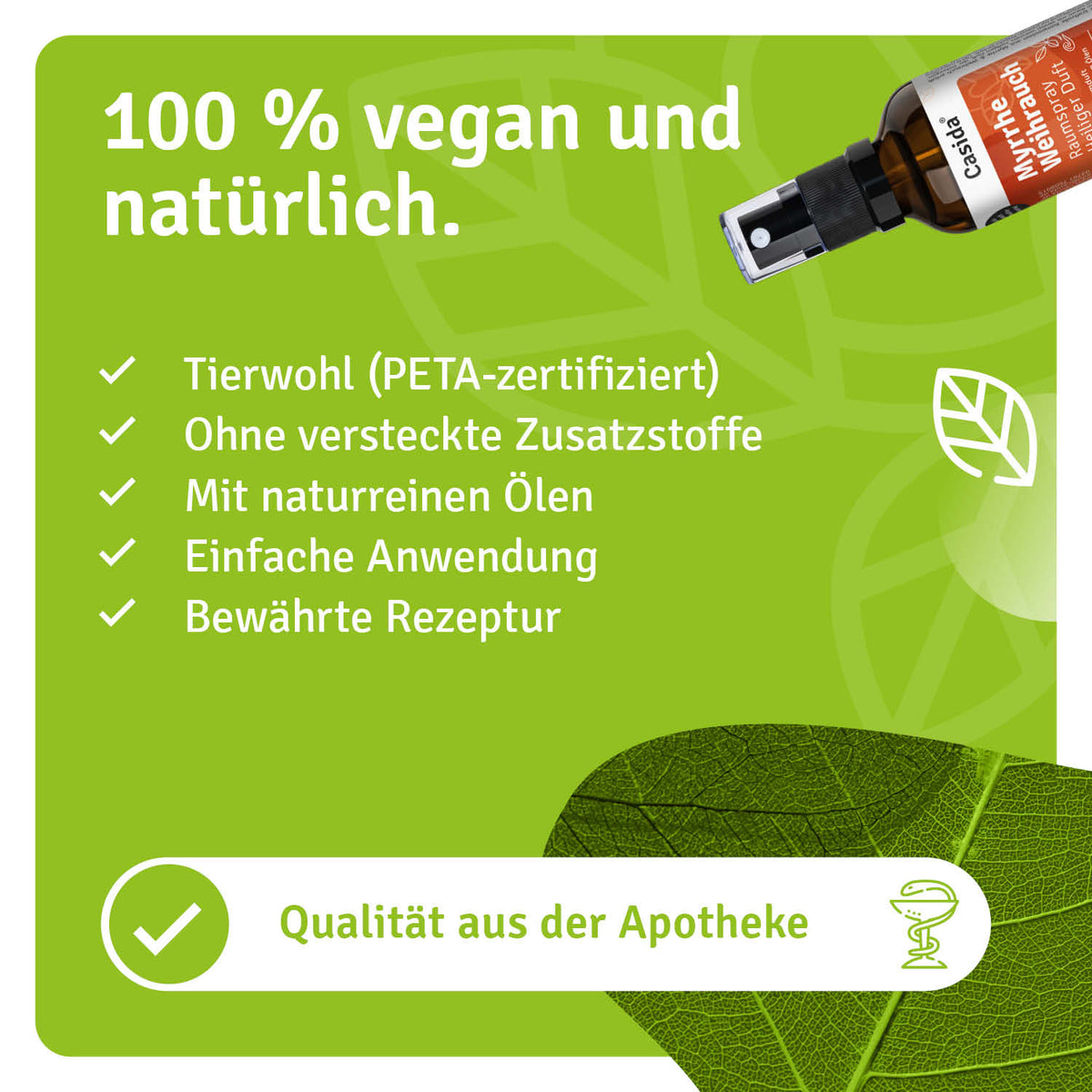 Myrrhe Weihrauch raumspray bottle with natural ingredients, featuring a green leaf background and product details.