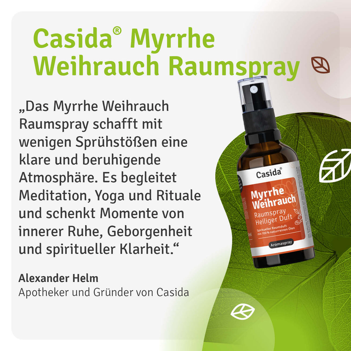 Myrrhe Weihrauch raumspray in a brown bottle with a spray nozzle, featuring green leaf accents and product description.
