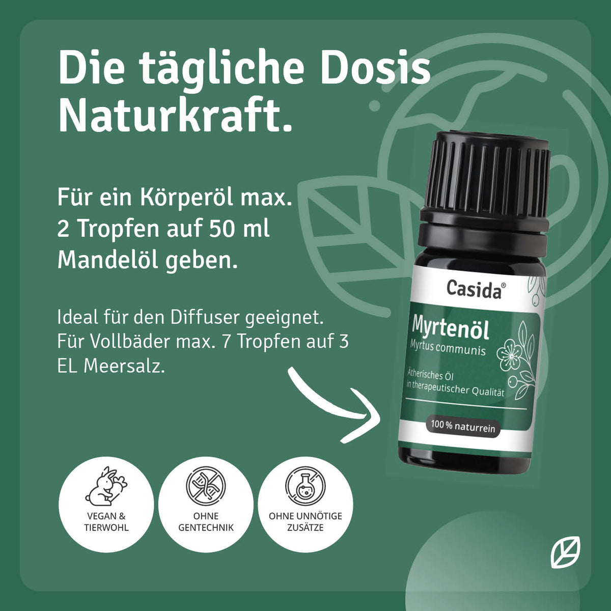 Anwendungs- und Verdünnungshinweise für Casida Myrtenöl in Körperöl und Vollbädern