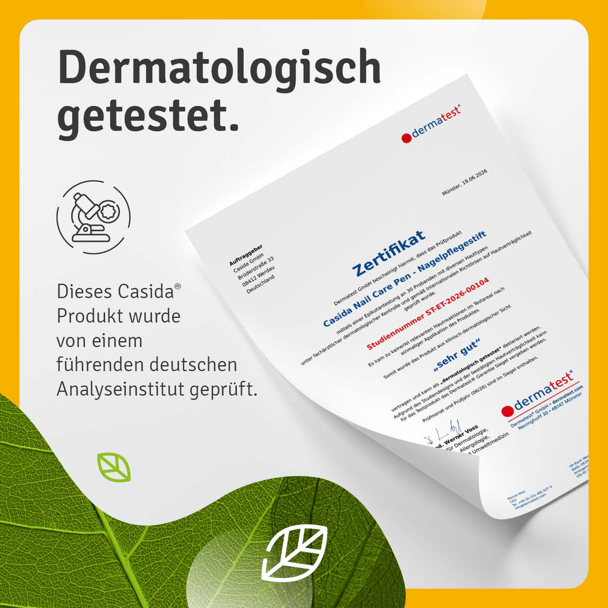 Dermatest-Zertifikat für Casida Nail Care Pen Nagelpflege mit dem Ergebnis „sehr gut“