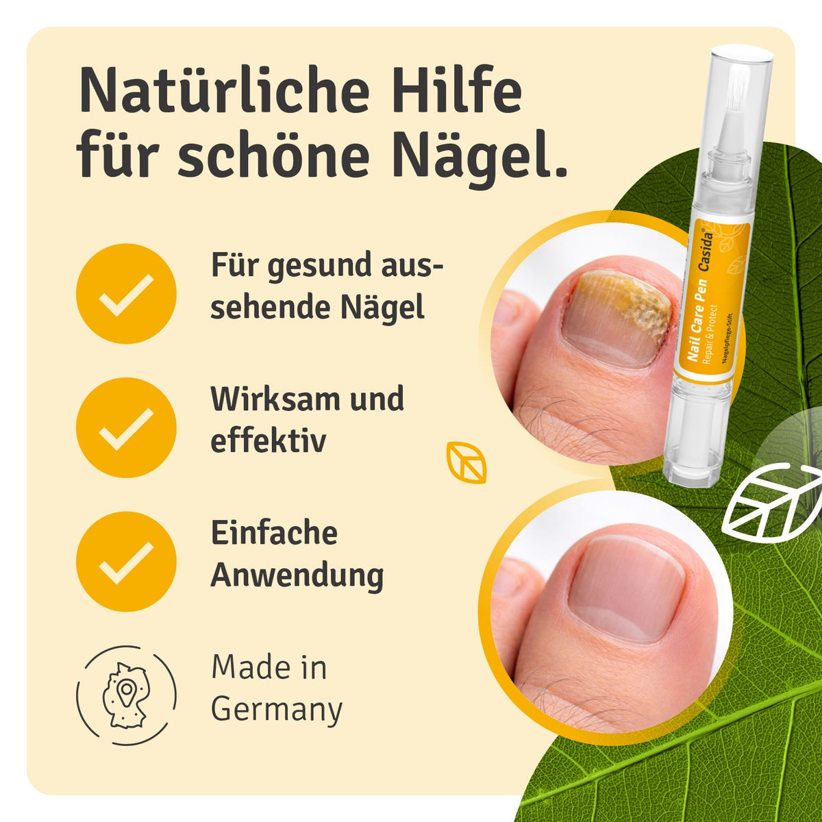 Casida Nail Care Pen neben zwei Nahaufnahmen von Zehennägeln und Angaben zur Nagelpflege