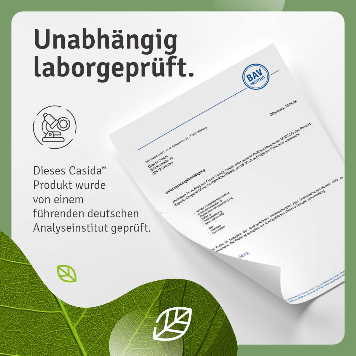 Grafik zur unabhängigen Laborprüfung von Casida Oregano-Öl mit Schwarzkümmelöl Kapseln