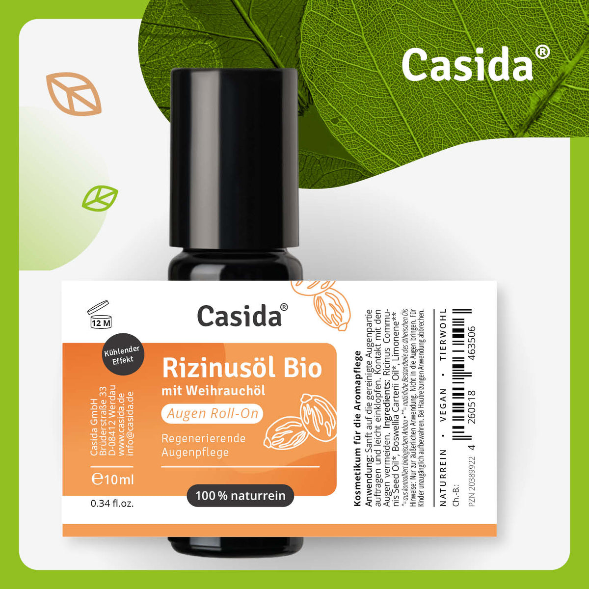 Etikett des Casida Bio Rizinusöl Augen Roll-Ons mit Weihrauch, 10 ml