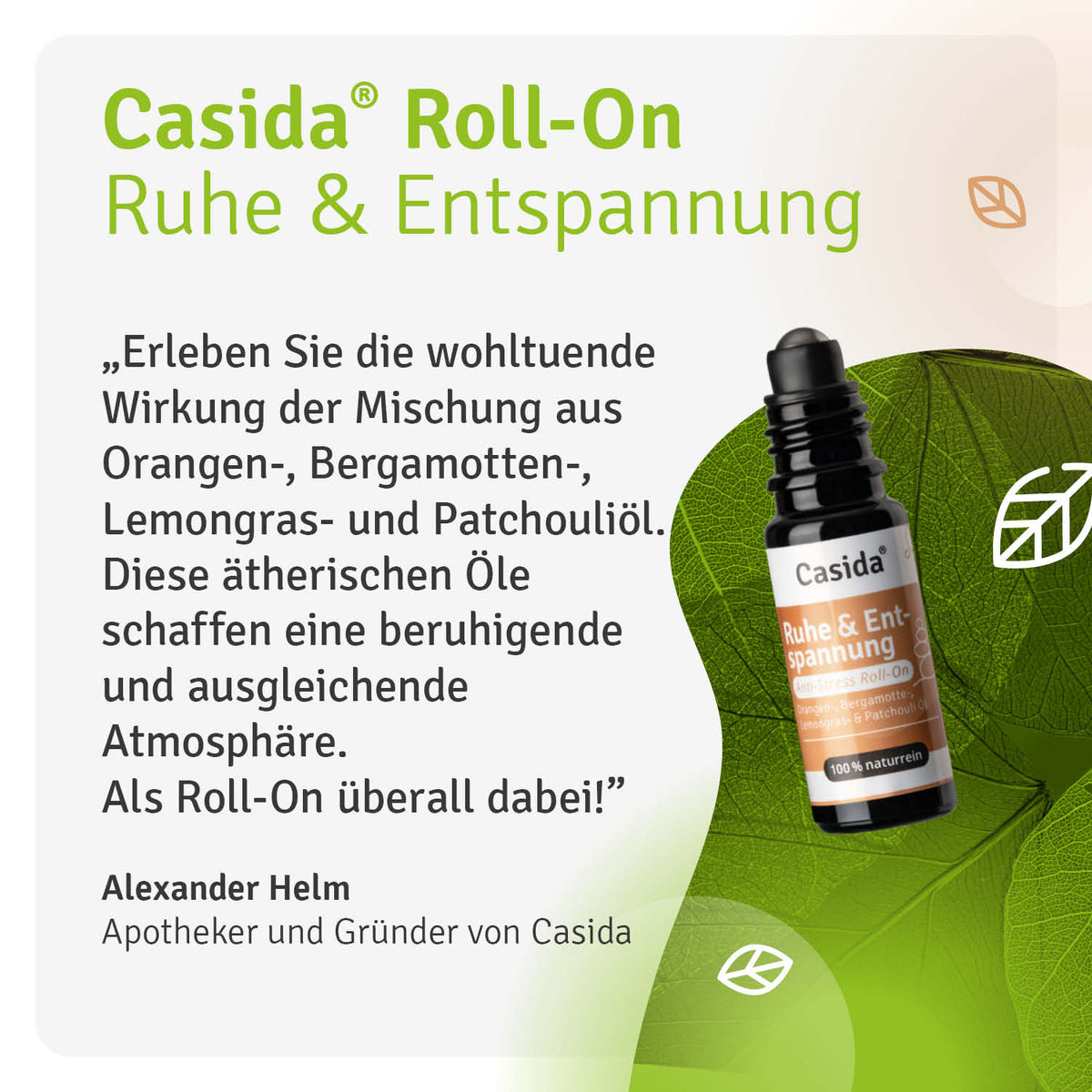 Casida anti-stress roll-on Ruhe & Entspannung with a dark bottle, green leaves, and text describing its calming properties.