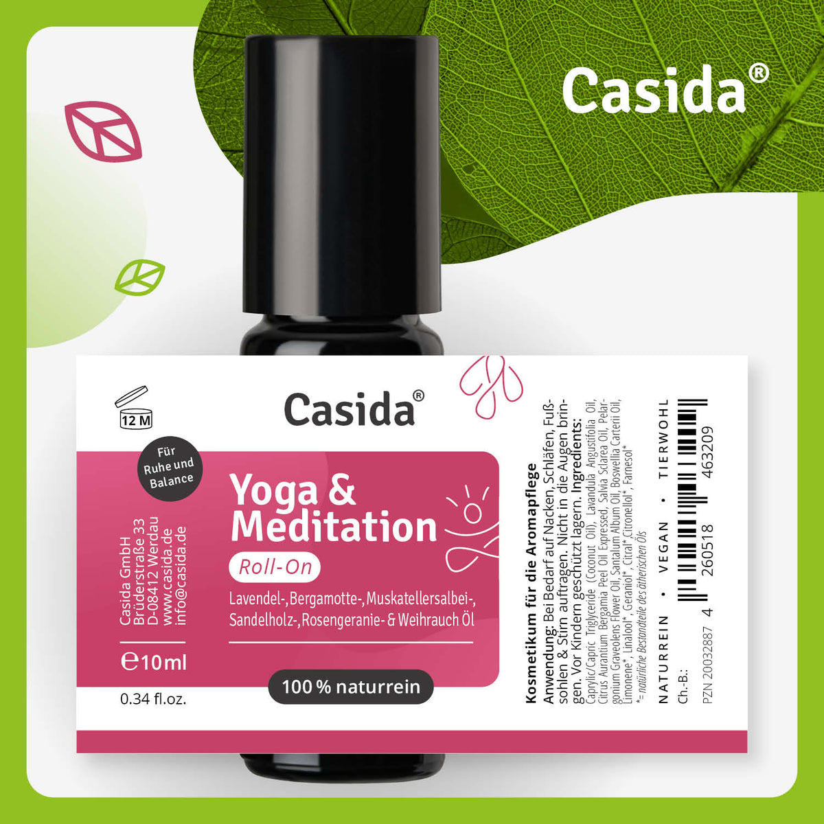 Casida yoga and meditation roll-on, 10ml, featuring a white label with pink accents and leaf designs.