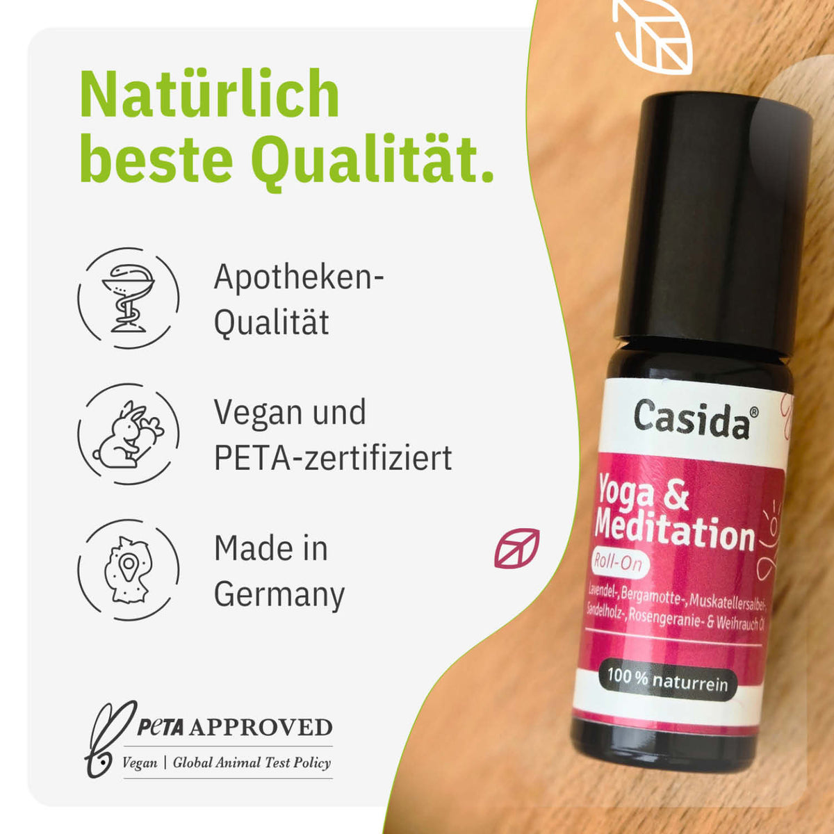Casida Yoga & Meditation roll-on with a black cap, red and white label, featuring vegan and PETA-certified text.